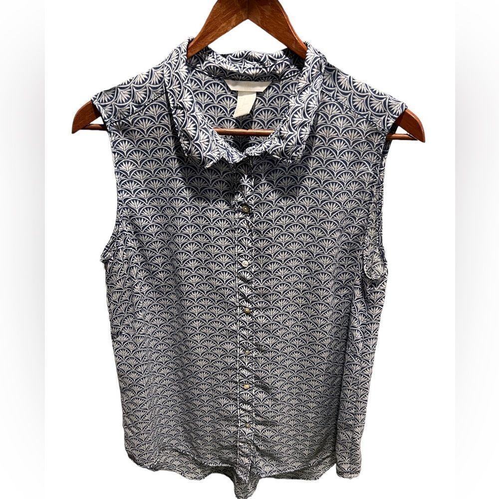 H&M blue and white sheer button‎ front tank blouse size 12